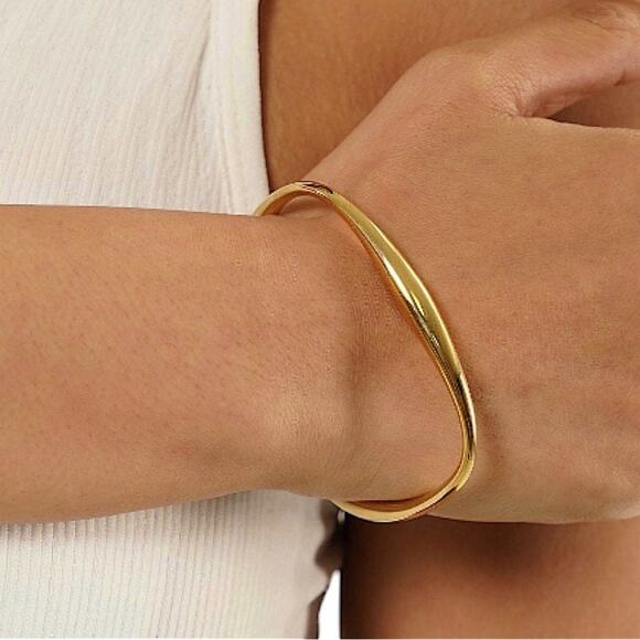 Gold Irregular Bangle Cuff Bracelet, Geometric, Asymmetric - Picture 2 of 15